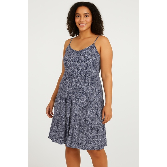 Faded Glory Dresses & Skirts - Faded Glory Dress XXL Blue White Knee Length Tiered Boho Spaghetti Straps Cruise